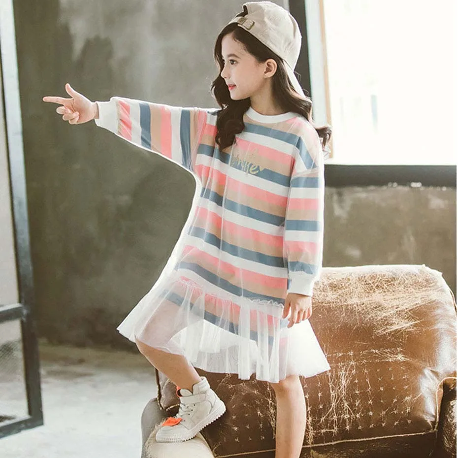 Dresses For Girls Letter Print Party Dress O-Neck Children Mesh Fall Winter Casual Children's Costumes | Детская одежда и