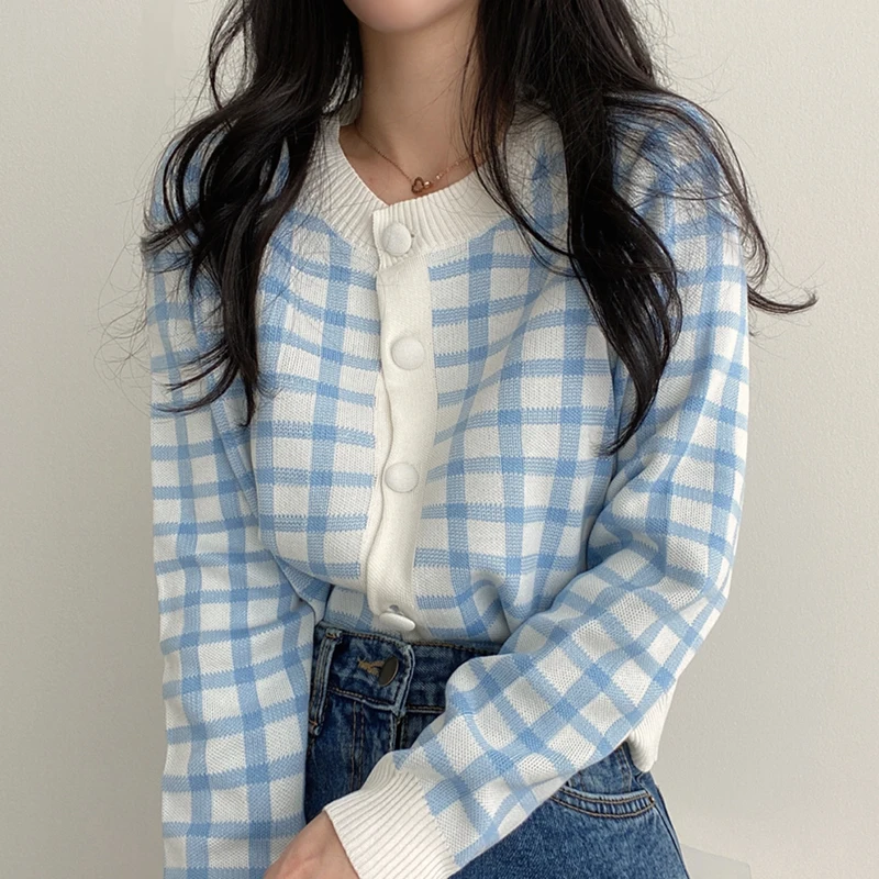 

Women Outwear Vintage Plaid Short Knitted Cardigan Woman Korean Long Sleeve O-neck Casual Sweet Girl Pink Sweater Autumn 2020