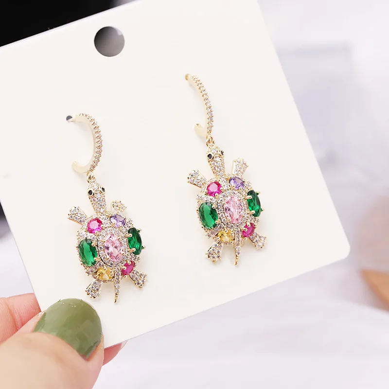 New S925 Silver Needle Individual Fashion Design Sense Small Turtle Earrings for women Coloured Zircon Animal Jewelry | Украшения и