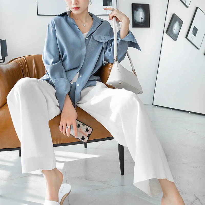 

2020 One Pocket Women White Shirt Female Blouse Tops Long Sleeve Casual Turn-down Collar OL Style Women Loose Blouses