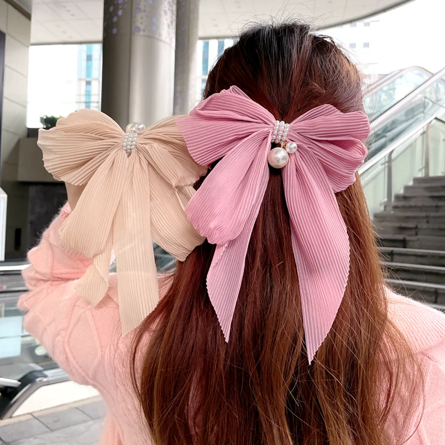 

New Pearl Big Bow Hair Clip Sweet Chiffon Ruched Spring Hairclip Trendy Ribbon Hairpin Temperament Bow Ladies Hair Accessories