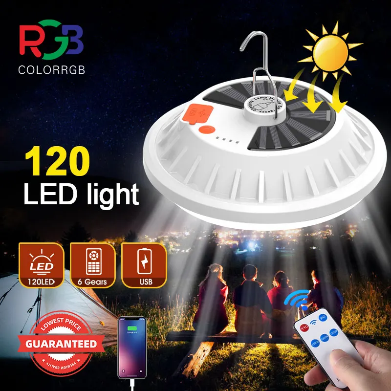 

ColorRGB, солнечный CampV62 120 светодиодный светильник на солнечной батарее для кемпинга с дистанционным управлением, подвесной IPX7 водонепроницае...