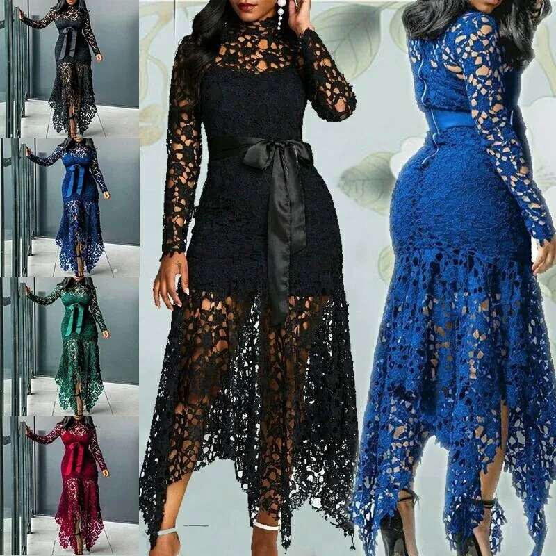 

Slim Sexy Dress Women Spaghetti Belt Lace Mesh See-through Party Fishtail Patchwork Plus Size 2021 Autumn and Winter Clothes