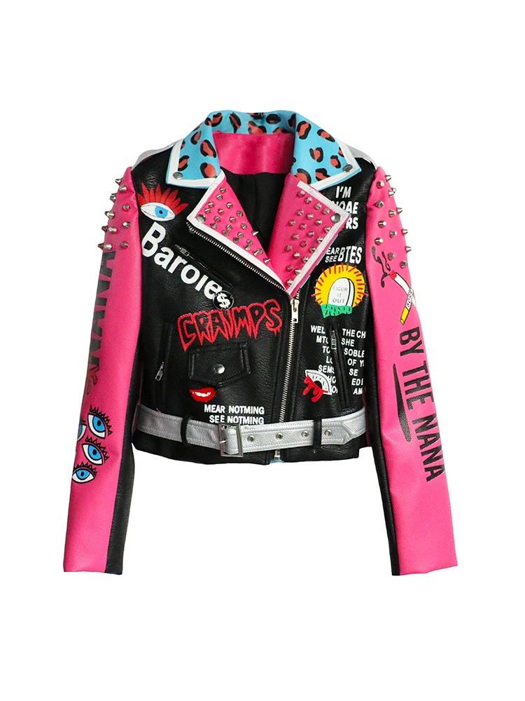 Pink PU leather jacket women spring autumn Leopard Rivets short coat Punk Style Motorcycle jackets