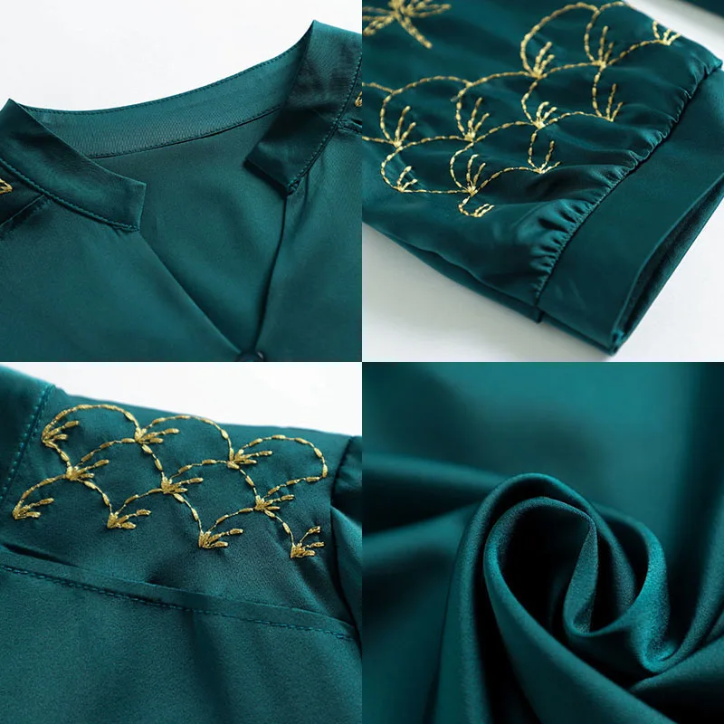 

Plus Size Embroidered Satin Blouses Women Spring Summer Vintage V-Neck Three Quarter Sleeve Shirt Elegant Loose Pullover Tops