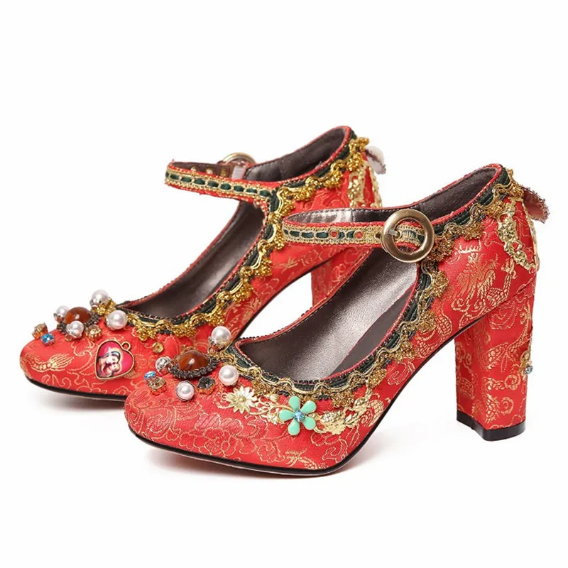 

Retro Red Embroidered Wedding Dress Shoes Woman Mary Janes High Heels Sexy Beading Women Pumps Stiletto Valentine Shoe