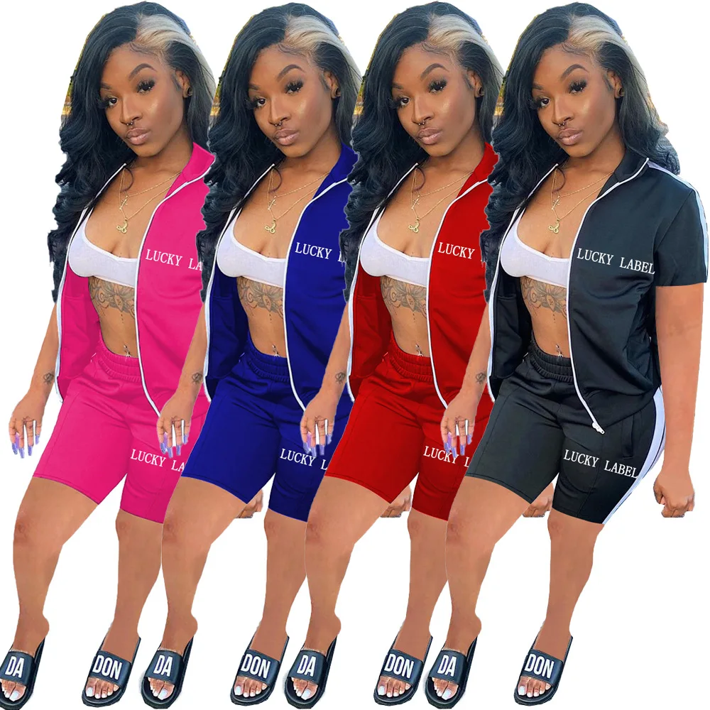 

Casual Lucky Label Sportswear Two Piece Sets Women 2021 Short Sleeve Jackets Coat + Biker Shorts Matching Set Summer Outfits