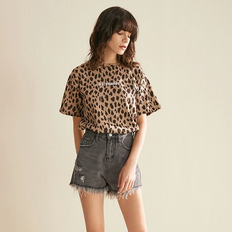 CMAZ Летняя повседневная стильная футболка с леопардовым принтом коротким рукавом