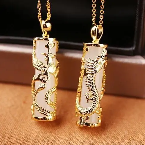 

Gold Inlaid with Jade Dragon and Phoenix Pendant Couple Jade for Men and Women Natural Jade Hotian Jade Pendant Jade Necklace