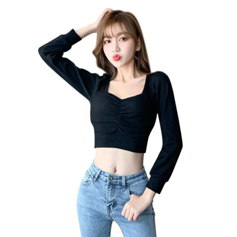 

Retro Square Collar Ladies Long Sleeve Women Fashion Top Elastic Tight Girl Top Short With Exposed Navels Bottoming Shirt New