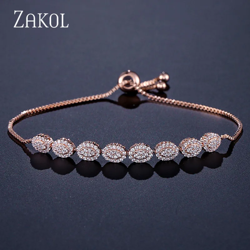 Rose Gold Color ZAKOL модный браслет с овальным цирконием и кристаллами, регулируемый браслет для женщин, розовое золото, свадебные украшения FSBP2061 - Окраска металла: Rose Gold Color