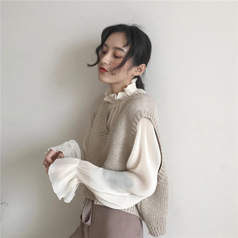 

Women's Vest 2020 Apring Autumn Women Korean Chic Vest Female Casual Solid Loose Short V-neck Knitted Vest Beige Women Clothing