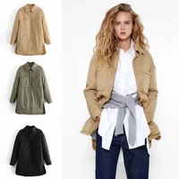 2021 autumn new womens lapel double pocket warm solid color shirt style cotton padded jacket