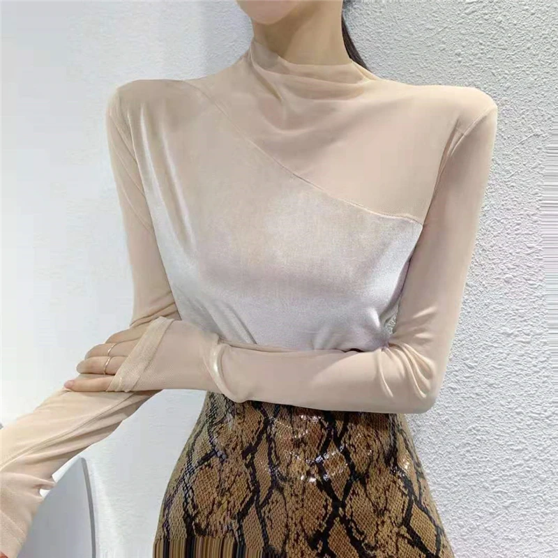 Лоскутная Водолазка женская футболка милые весенние облегающие Женские топы