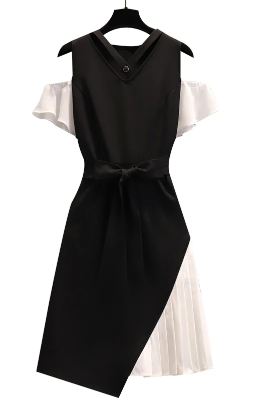 

COIGARSAM Office Lady Patchwork Women dress New Summer Solid Lace Short Sleeve V-Neck Dresses Black 5038