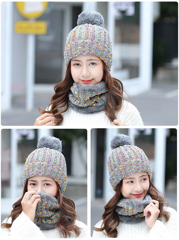 Fashion Winter Hat Scarf Set For Women Girl Warm Beanies Cap Lady Ring Scarf Pompoms Winter Hats Knitted Caps Scarf 2 Pieces