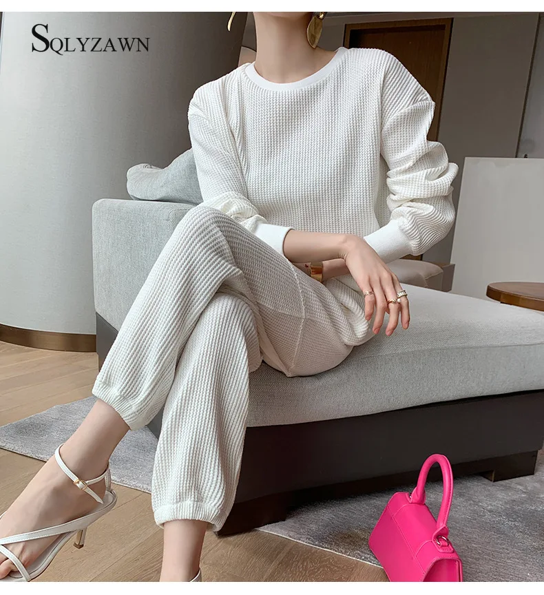 

Summer Autum Knitted 100% Cotton Sporty Sweatsuit Women Fashion Breathable Sweatshirt + Harem Pants Outfits Casual Office Lady