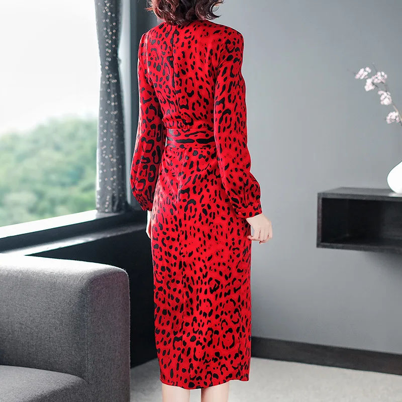 Женское леопардовое платье в стиле ретро на весну-лето 2020 Красное Длинное