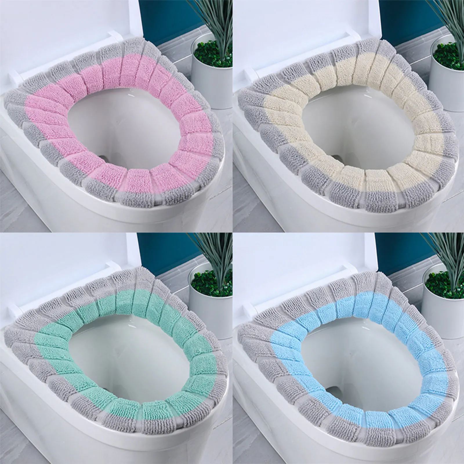 

Warm Soft Toilet Seat Mat Thick Plush Color Block High Elasticity Toilet Lid Cover Detachable Hose Winter Bathroom Accessories