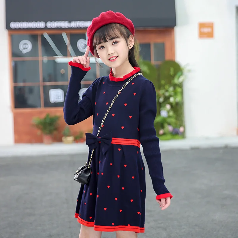 

4-15 Years Baby Girls Princess Dress Spring Autumn Warm Love Pattern Full Sleeve Knitted Sweater Dress Children Party Vestidos