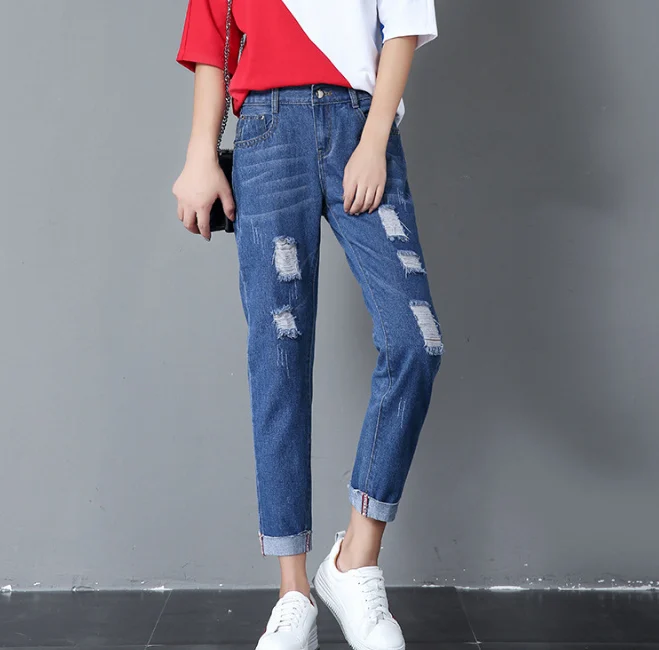Женские рваные джинсы винтажные узкие брюки джинсовые эластичные размера плюс