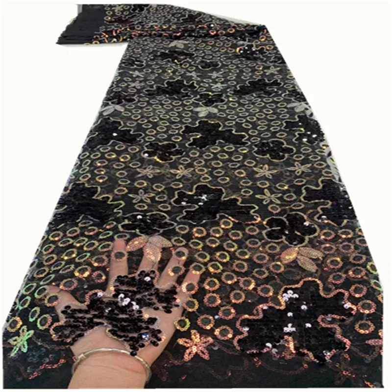

2021 High Quality Lace Sequins French Net Lace Tulle Mesh Fabrics Black Lace fabric Wedding Fabrics FZ76