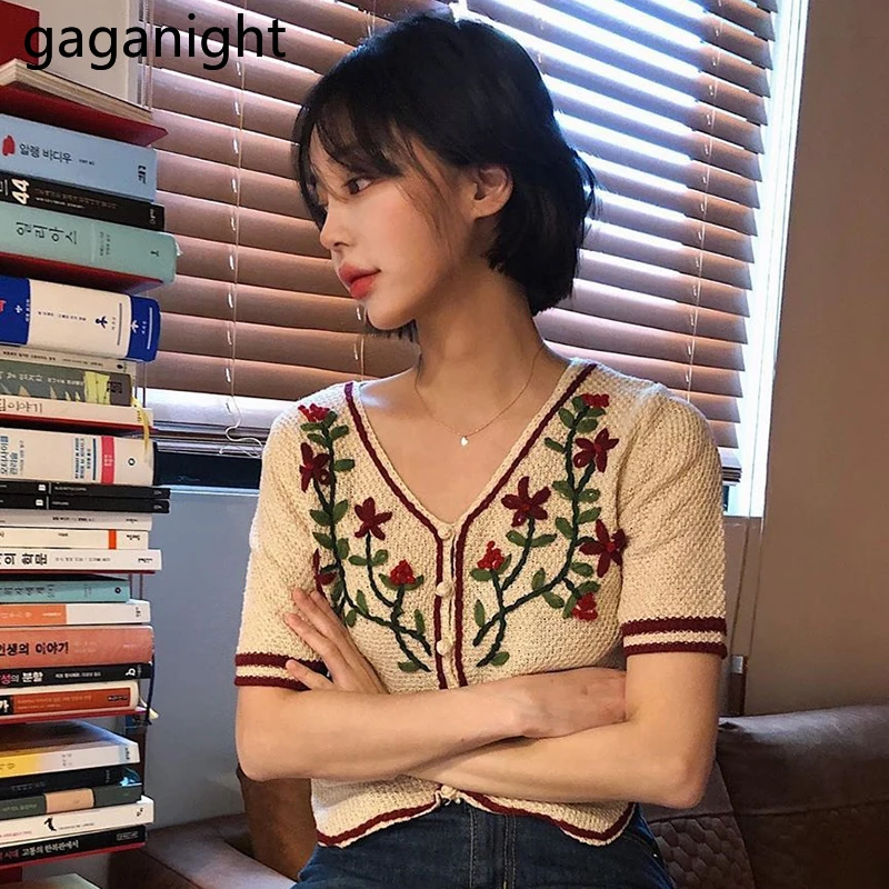 Женский однобортный Топ с цветочной вышивкой Gaganight Повседневная тонкая верхняя