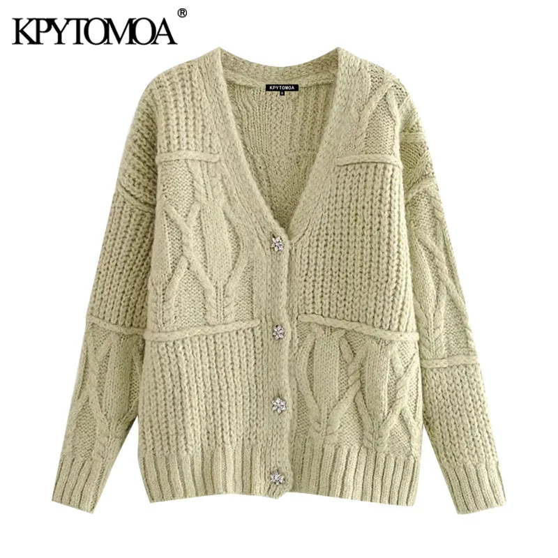

Женский вязаный кардиган KPYTOMOA, винтажный кардиган с пуговицами и стразы, верхняя одежда с длинным рукавом, 2021