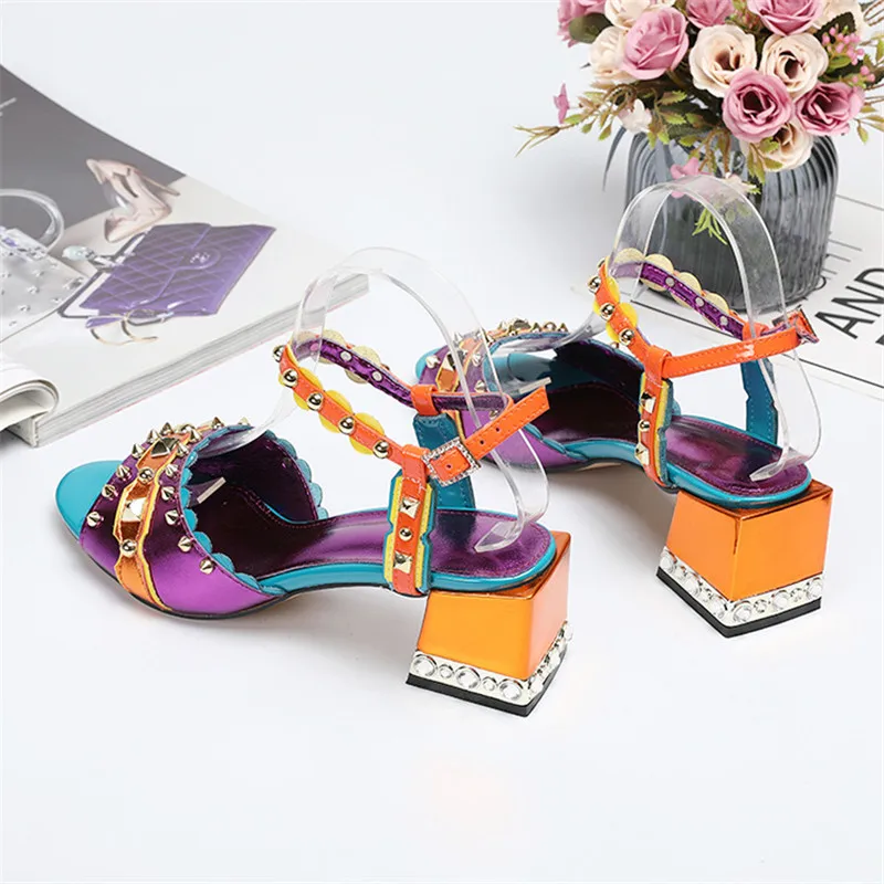 

MStacchi Summer Women Chunky High Heels Sandals Woman Pointed Toe Comfortable Ankle Buckle Shoes Sexy Ladies Rivets Derss Pumps