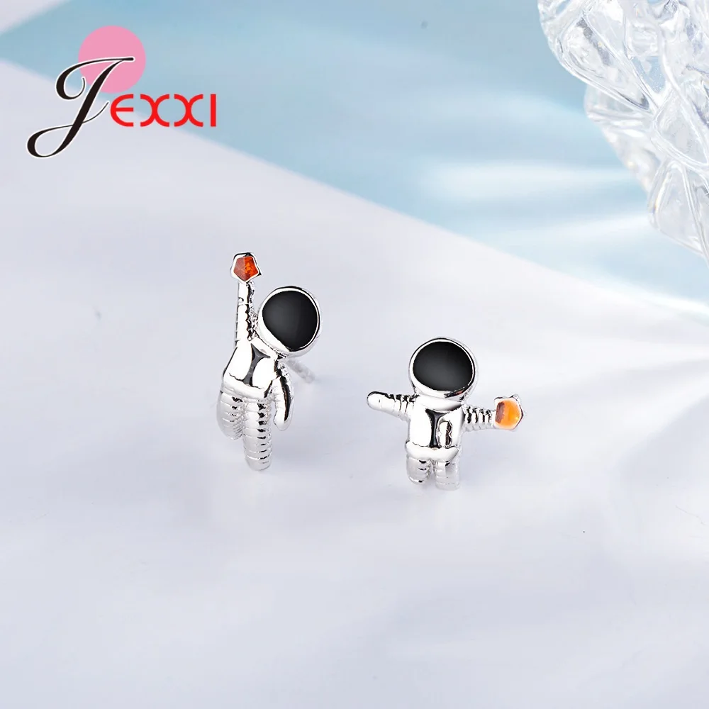 Attractive Design Starry Sky Space Star Asymmetrical Astronaut Small Stud Earrings for Women 925 Sterling Silver Ear Studs | Украшения и