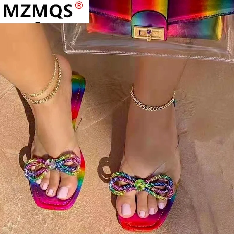 

2021 Summer Fashion Rainbow Colors Women's Square Head Open Toe Beach Slippers Outdoor Comfortable Bow-knot Casual Flat Sandals