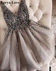 Коктейльные платья из тюля, серого цвета, с V-образным вырезом, Блестками, Бисером, короткие платья для выпускного вечера, 2021