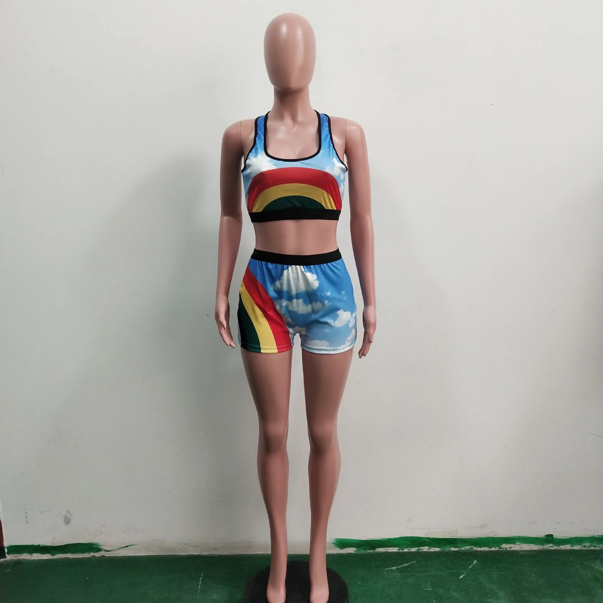 

2021New Women 2 Pieces Set Sleeveless Tank Vest Crop Tops Bodycon Empire Biker Shorts Stretch Shorts Pants Trousers