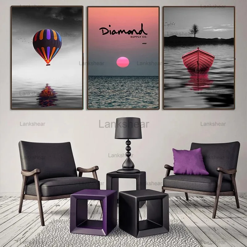 

Nordic Landscape Color Balloon Ocean Sunset Boat Picture Wall Art Painting Colorful Poster Prints Living Room Home Decoration
