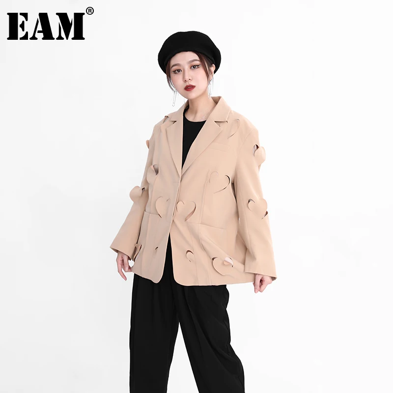 

[EAM] Women Apricot Cutout Big Size Blazer New Lapel Long Sleeve Loose Fit Jacket Fashion Tide Spring Autumn 2021 1DE292004