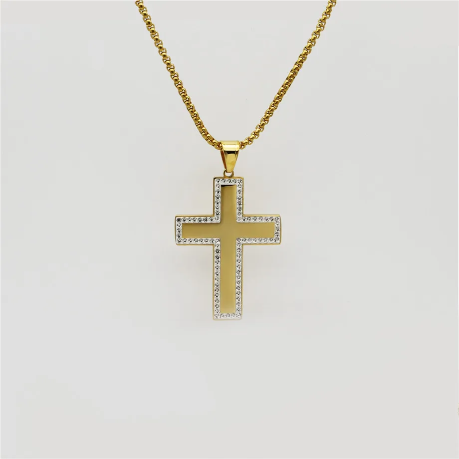 

New Stainless Steel Cross Necklaces Gold Color Crucifix Pendants For Men Religious Hip Hop Iced Out CZ Cross Male Jewelry Gift