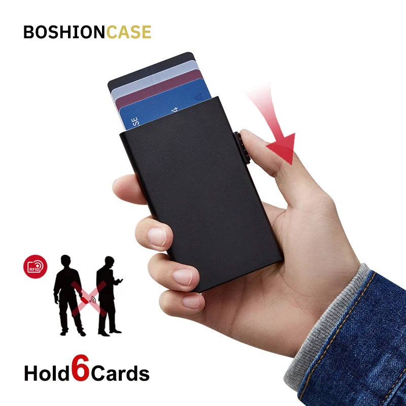 

BOSHION чехол Rfid алюминиевый кошелек тонкий выдвижной бизнес-чехол с эффектом пуш-ап для путешествий идентификационный чехол металлический де...
