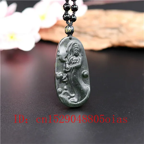 Natural Black Green Chinese Jade Guanyin Pendant Beads Necklace Charm Jewelry Obsidian Accessories Carved Amulet Gifts for Men | Украшения