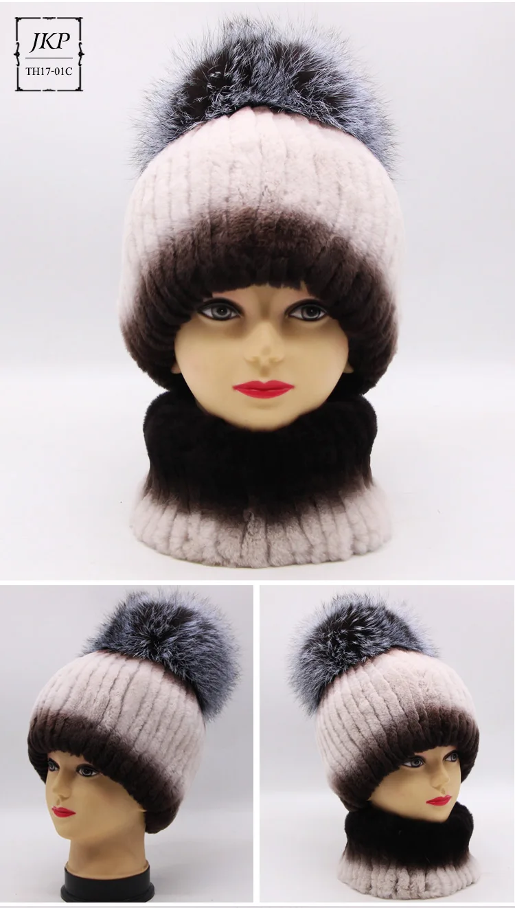 Rex rabbit fur hat female winter fox fur ball thick warm knitted earmuff wool cap