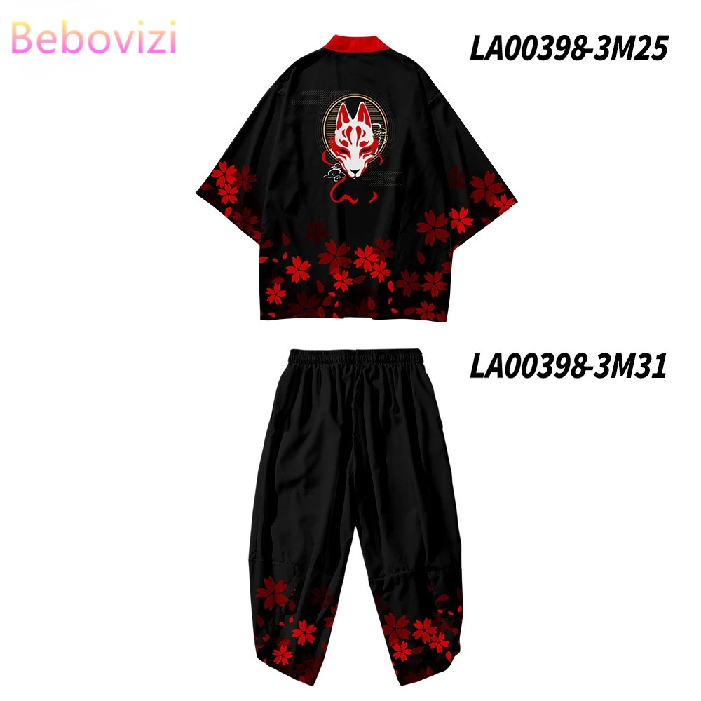 

Japanese Style Fox Print Kimono Pants Set Women Men Cosplay Traditional Cardigan Haori Obi Harajuku Streetwear Samurai Yukata