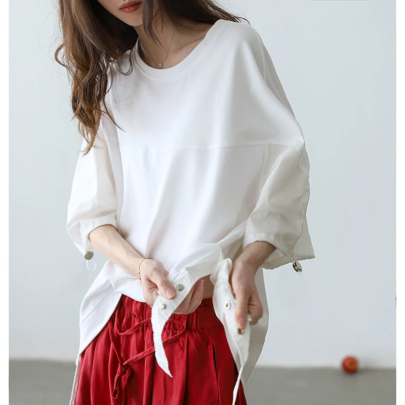 

Женская футболка с асимметричным подолом, Повседневная Свободная простая повседневная футболка в Корейском стиле с рукавами, лето 2021