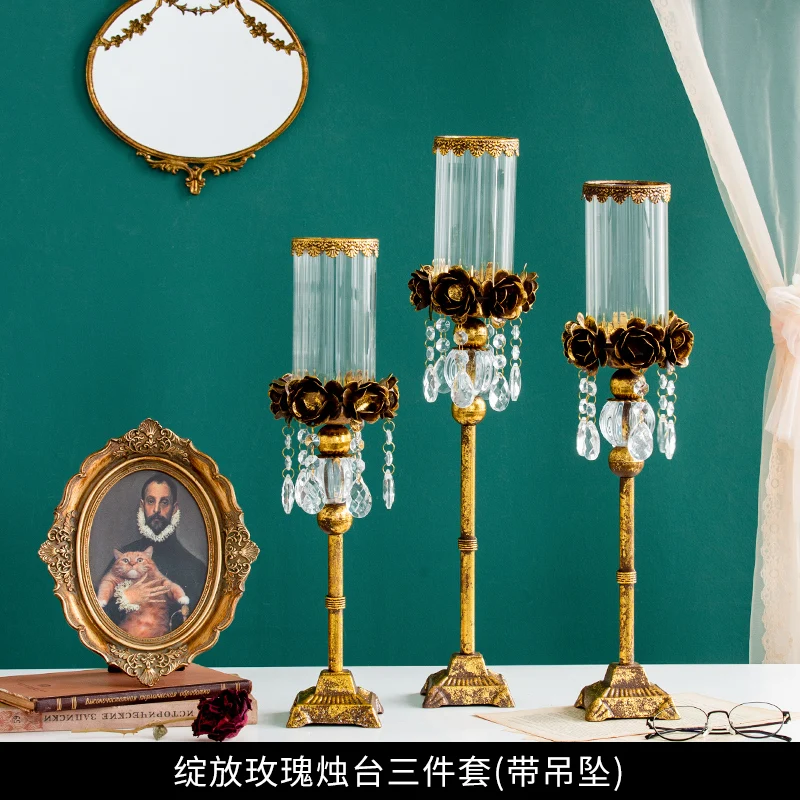 

Retro Candle Holders Glass Metal Candlestick Gold Vintage Flower Vase Windproof Wedding Centerpieces Bougeoir Home Decor Gift