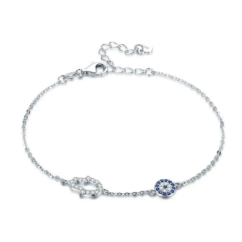 TONGZHE Lucky Hamsa Hand Evil Eye Bracelets for Women 925 Sterling Silver Blue CZ Link Chain Turkey Jewelry Chakra | Украшения и