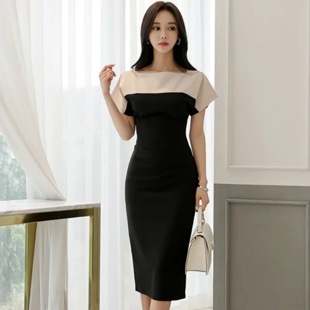 Лоскутное женское облегающее платье с рукавом летучая мышь OL стиль высокая талия