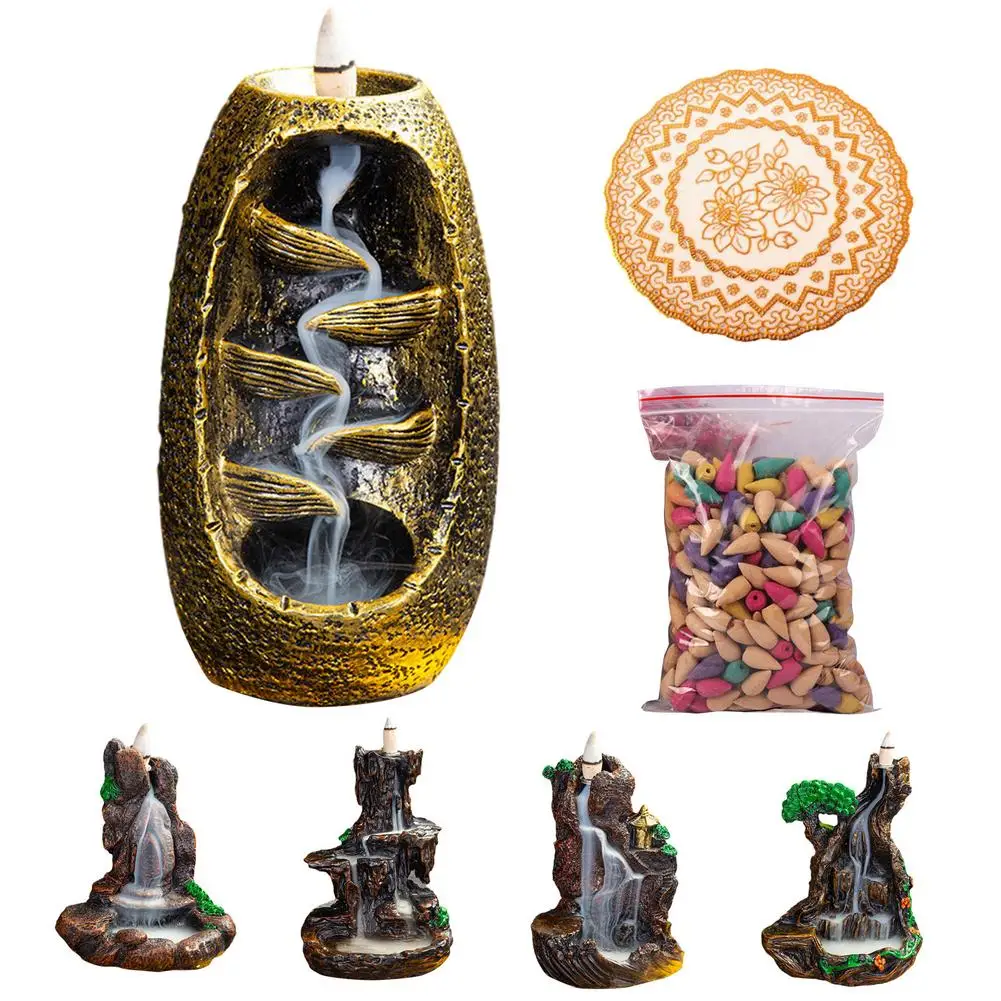 

5 Styles Mountain Flowing Water Ceramic Censer Buddha Incense Holder Backflow Incense With 50 Incense Cones 1 Non-slip Mat