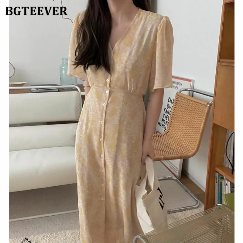 

BGTEEVER Summer V-neck Short Sleeve Chiffon Dress for Women Elegant Single-breasted Lace-up Female Floral Print A-line Dress