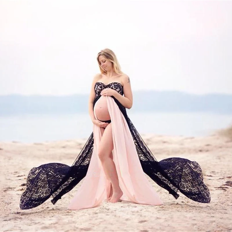 Кружевное длинное платье для беременных с разрезом спереди|Платья| |