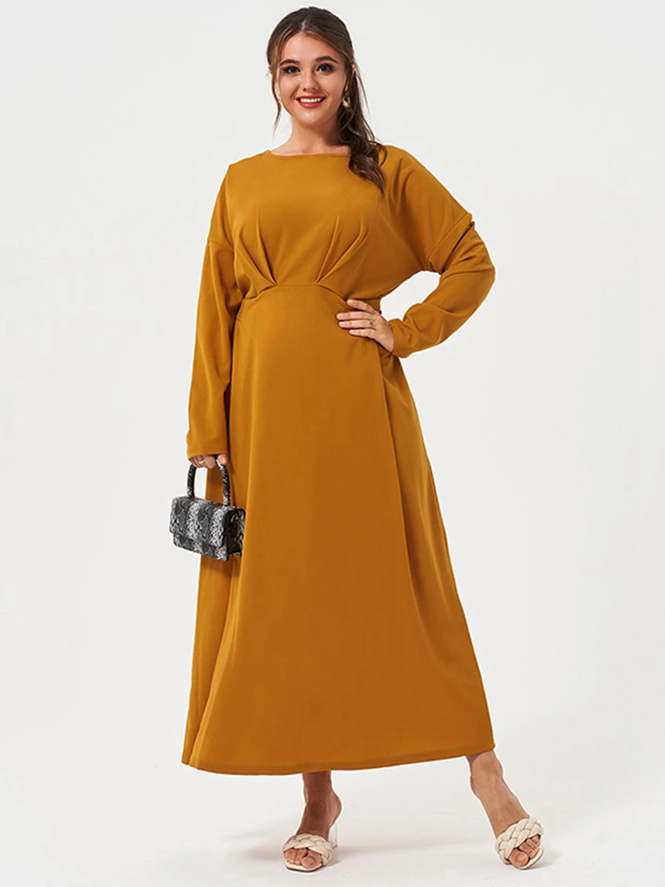 

2022 New Long Sleeve Large Plus Size Dress Casual Solid Color Ladies Waistline Dress Long Dress Sweet Beauty Women Dress