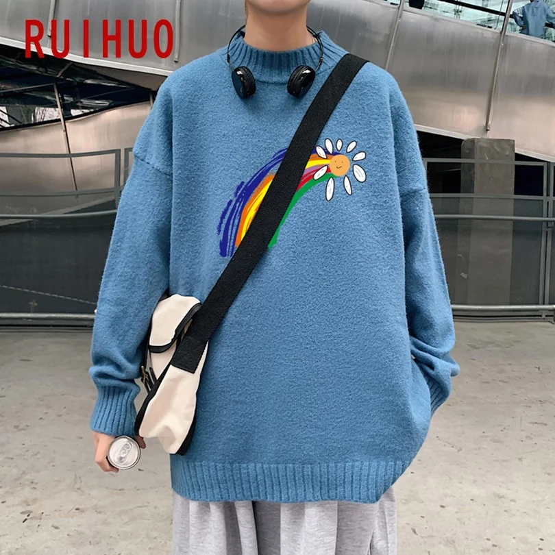 

RUIHUO Rainbow Knit Sweater Men Clothing 2021 Fashion Harajuku Sweaters Pullover Mens Sweater For Men Korean Clothes M-5XL