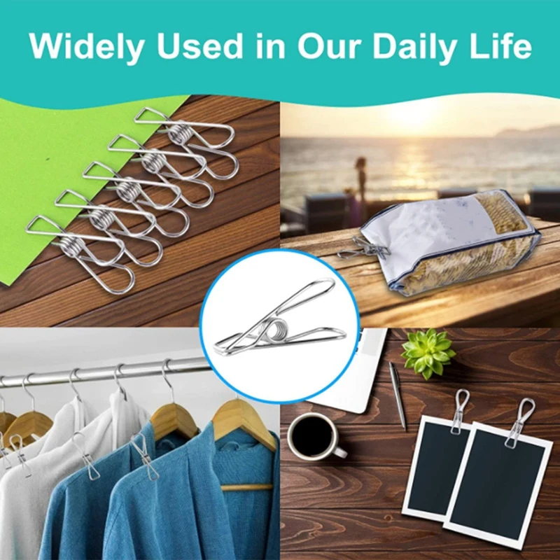 

100Pcs/Set Heavy Duty 304 Stainless Steel Wire Clips for Drying on Clothes Hanging Clip Hooks for Home Laundry Office